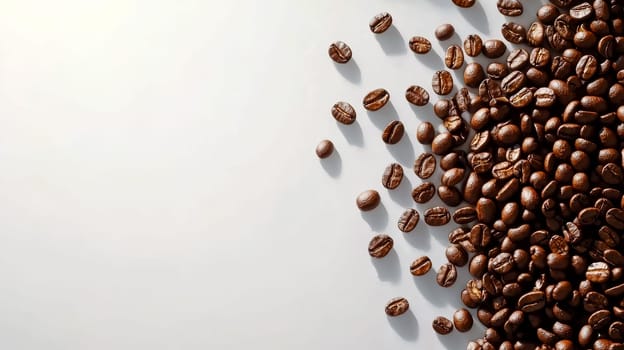 Brown coffee beans are spread across a plain white background.