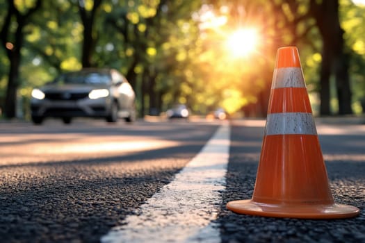 A red car is driving with Orange traffic cone on road surface, blurred trees. Safety concept..