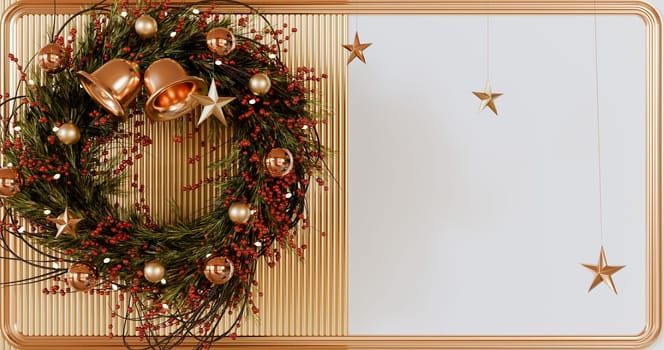 Christmas Wreath On Wall, 3D illustration Background for advertising and wallpaper in festival  and Christmas scene. 3D rendering in decorative concept.