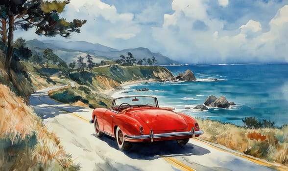Watercolor of a vintage convertible driving along a winding road along the coast. Selective focus.