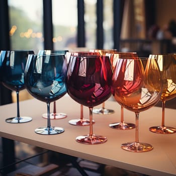 Colorful wine glasses are prepared for setting the festive table. High quality photo