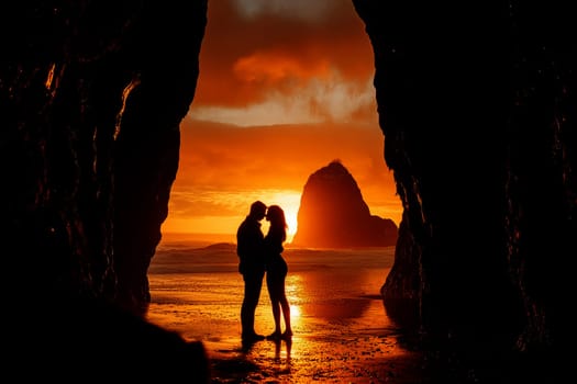 A couple standing in a beaut beach, holding each other close as the sun sets in the background., silhouette --ar 3:2 --v 6.1 Job ID: 05bb210b-1cf6-4377-b726-1dbe3e62dc05