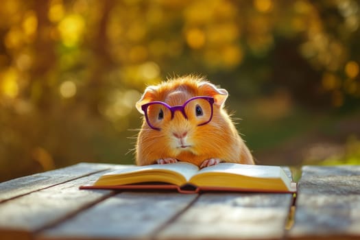 Guinea pig with glasses reading a book outdoors. High quality photo