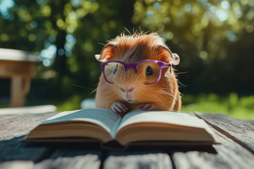 Guinea pig with glasses reading a book outdoors. High quality photo