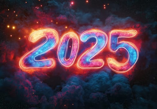 The text 2025 on an abstract dark background. Selective focus.