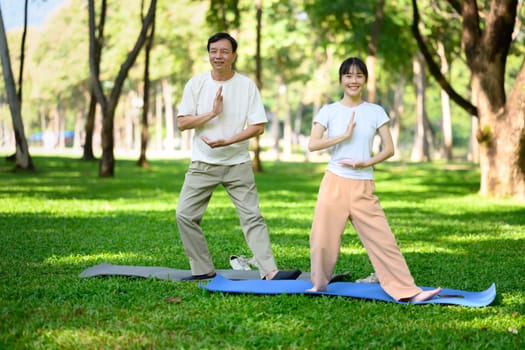 Happy senior man and his daughter doing Qigong exercises in the park. Mental health and family activities concept.