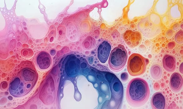 Watercolor background, various cells showcasing intricate details. Selective focus.
