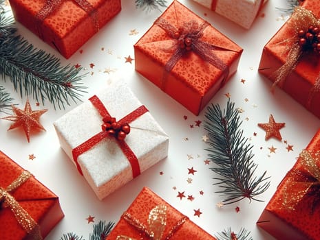 Christmas gift A top view of beautifully wrapped Christmas presents in red and white with festive ribbons. Surrounded by sparkling stars, pine branches, and golden accents, creating a cozy holiday atmosphere.