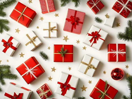A flat lay of neatly wrapped Christmas presents in red and white with gold and red ribbons, surrounded by golden stars, pine branches, and a shiny Christmas ball, creating a festive holiday setting.