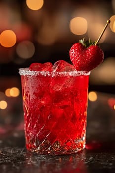 A charming Valentine's Day cocktail with bright red shades, decorated with a slice of strawberry in the shape of a heart.