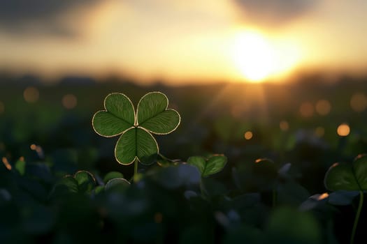 A young clover plant growing in the soil at sunset with sunlight illuminating its leaves.