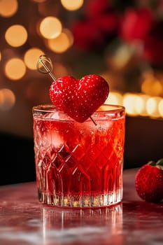 A charming Valentine's Day cocktail with bright red shades, decorated with a slice of strawberry in the shape of a heart.