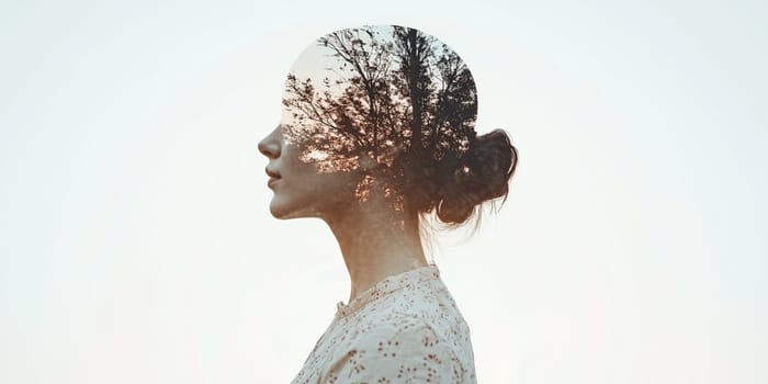 Artistic portrait of a woman combined with a forest in a double exposure, symbolizing the connection between humans and the environment