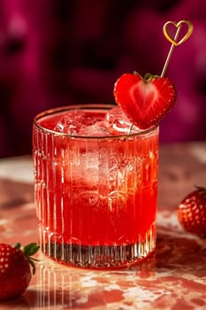 A charming Valentine's Day cocktail with bright red shades, decorated with a slice of strawberry in the shape of a heart.