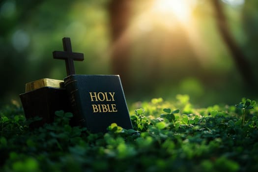 a bible book and a cross lying on the green clover leaves..