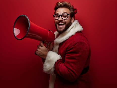 A man dressed in a Santa suit and glasses, holding a red megaphone and smiling joyfully. The background is a vibrant red, creating a festive and fun holiday atmosphere, perfect for Christmas promotions.
