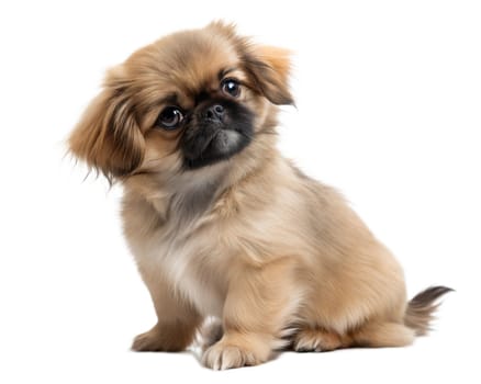 Pekingese puppy isolated on white background. Pekingese puppy sitting and looking at camera on white background. Ai generated