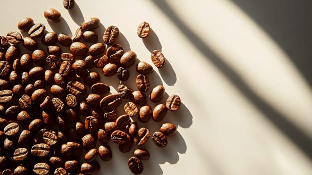 Brown coffee beans are spread across a plain white background.