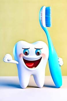A joyful cartoon tooth stands beside a vibrant blue toothbrush, emphasizing the importance of dental hygiene and prevention of tooth decay.