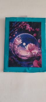 cross stitch embroidery on fabric, painting pink roses love fragment art image. High quality photo