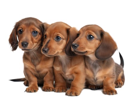 Smooth hair dachshund puppies isolated on white background. Three dachshund puppies sitting and looking at camera on white background. Ai generated image