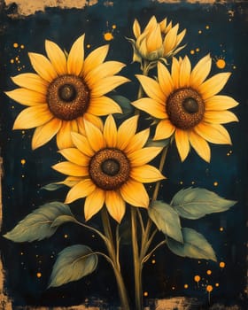 Watercolor, sunflowers on a dark background, vintage style. Selective focus.