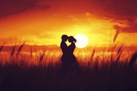 couple shares an intimate moment in wheat field at sunset capturing the essence of love and connection..