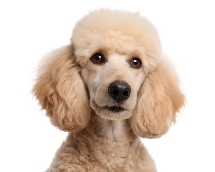 Cute poodle portrait looking at camera isolated on white background. Cute poodle headshot on white background. Ai generated