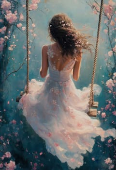 Watercolor, woman in a dress on a swing on a delicate background. Selective focus.