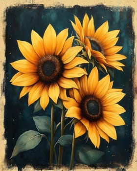Watercolor, sunflowers on a dark background, vintage style. Selective focus.