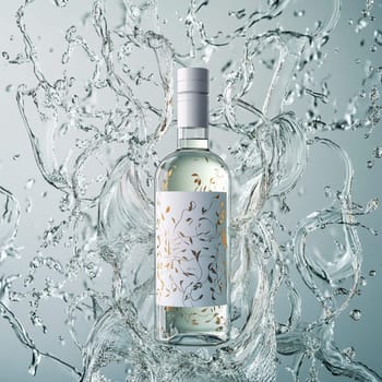 Transparent bottle filled with liquid is standing in the middle of a big splash of water, creating interesting shapes and reflections