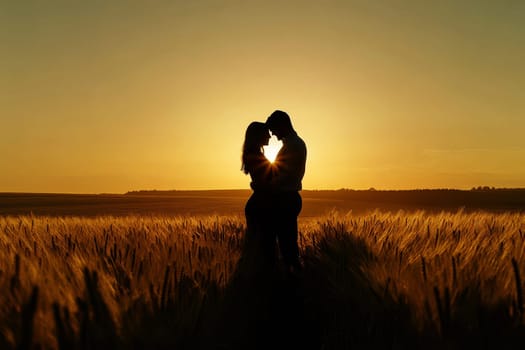 couple shares an intimate moment in wheat field at sunset capturing the essence of love and connection..