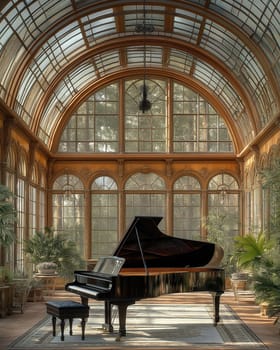 Victorian style room with black piano in natural light. Selective focus.