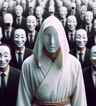 A man in a white robe stands in front of a crowd of people wearing masks. The image has a mysterious and eerie mood