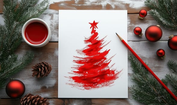 Watercolor red Christmas tree on sheet of paper. Selective focus.