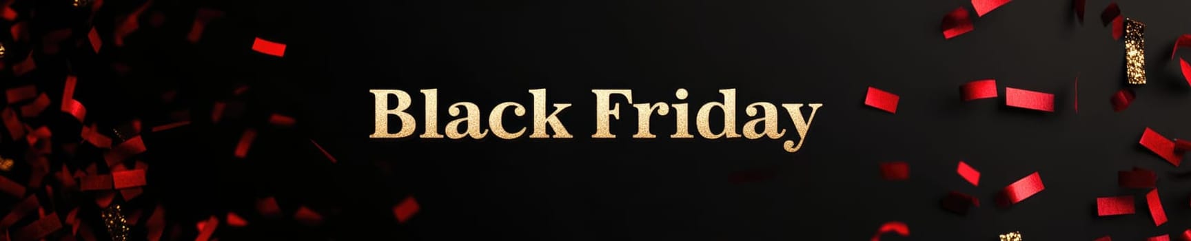 Black Friday celebration with bold red and gold confetti on minimalistic black background.