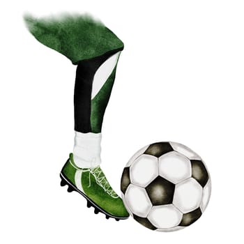 Football watercolor. Hand drawn composition of football player's leg with a soccer ball. Clip art of sports illustration on isolated white background. Ideal for advertising flyers, posters and match tickets. High quality illustration