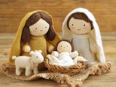 Charming nativity scene with soft toys and wooden figures for Christmas decoration.