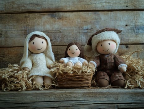 Charming nativity scene with handmade soft toys and wooden figures for Christmas decor.
