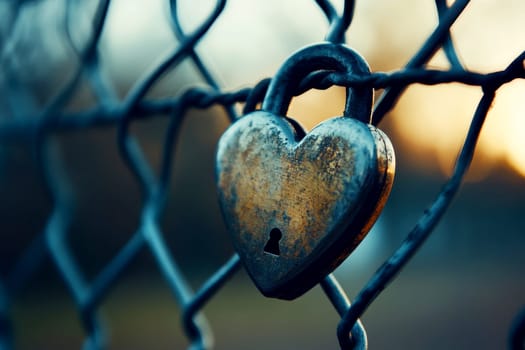 Valentine heart padlock attached to wire mesh fence..