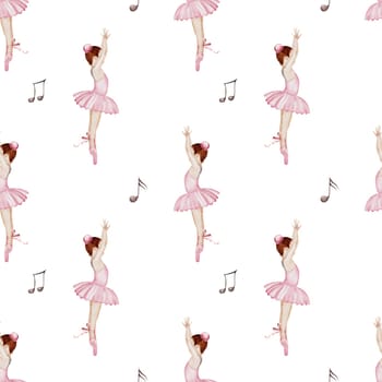 Ballet watercolor pattern. Little ballerina.Hand drawn seamless incredible girl dancer in pink tutu skirt with musical notes. Clip art on isolated white background of cute ballet beauty.Ideal for baby textiles