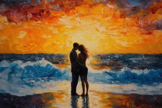 oil paint of couple on the beach at sunset, love valentine concept..