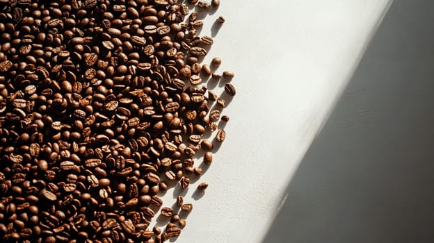 Brown coffee beans are spread across a plain white background.