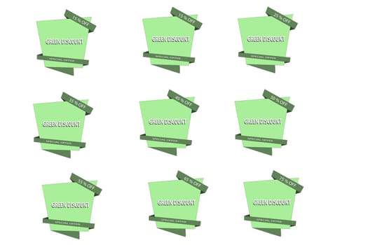 Collection of green discount tags showcasing different percentage off offers, perfect for promotions and special deals. Ideal for retail sales and marketing campaigns to boost sales.