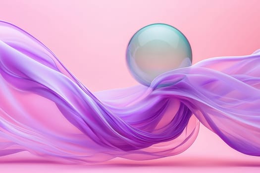 A purple ribbon with a blue ball in the middle. The ribbon is flowing and the ball is floating in the air. The image has a dreamy and whimsical feel to it
