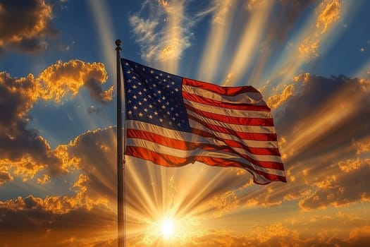 The American flag waving in the wind with a beautiful sunset in the background. Perfect for patriotic or political projects.