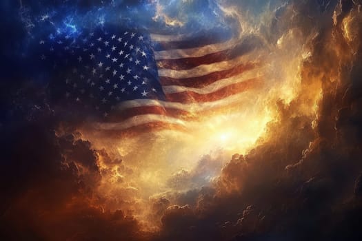 The American flag waving in the wind with a beautiful sunset in the background. Perfect for patriotic or political projects.
