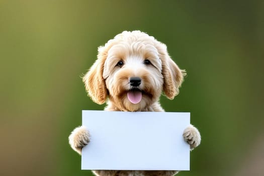 ai generated ,Cute blonde baby labradoodle holds a blank sign against a vibrant, colorful background. Ideal for various concepts like messages, advertising, or humor.