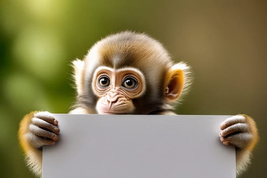ai generated ,Cute baby monkey holds a blank sign against a vibrant, colorful background. Ideal for various concepts like messages, advertising, or humor.