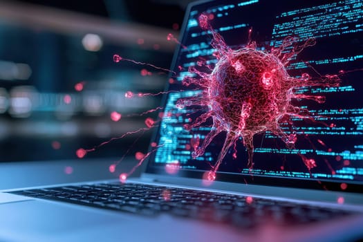 A computer screen shows a red, glowing virus. Concept of danger and fear, as the virus is depicted as a menacing force that threatens to infect and harm